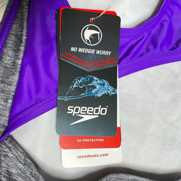 New With Tags Speedo Girls One Piece Racerback Swimsuit Size 14 Gray Purple Aqua - Picture 6 of 8